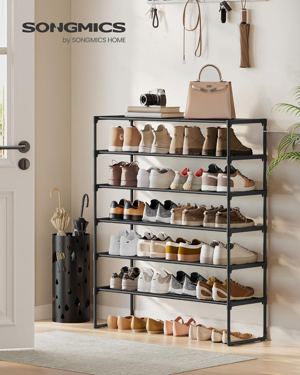 SONGMICS 6-Tier Shoe Rack - Stackable Metal Organizer for 24-30 Pairs - Black, 11.8 x 36.2 x 42.7 Inches
