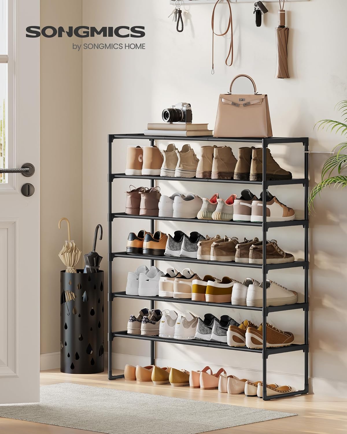 SONGMICS 6-Tier Shoe Rack - Stackable Metal Organizer for 24-30 Pairs - Black, 11.8 x 36.2 x 42.7 Inches
