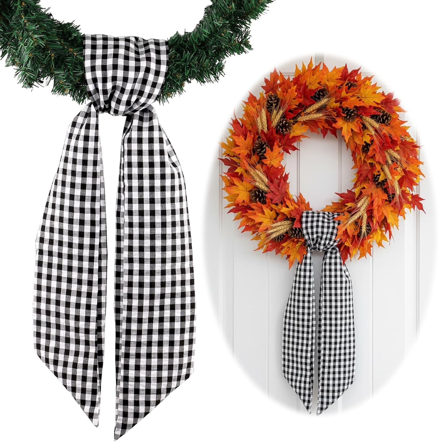 Skiennix Wreath Sash - Elegant Black White Checkered Plaid Bow Ribbon for Year-Round Home Decor (5.12" x 54.33")