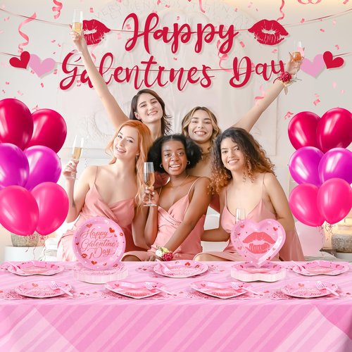 109PCS Happy Galentine's Day Party Supplies,Pink Love Heart Disposable Paper Plates Napkins Cups Forks Dinnerware for 24 Guest,Galentines Banner Balloons for Valentine's Day Anniversary Decorations