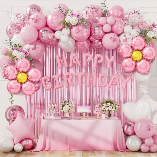 DBKL Pink Birthday Party Decorations, Pearl White Pink Metallic Pink Flower Foil Balloons Birthday Banner Butterfly Fringe Curtains Decorations for Women Girls Party Supplies