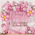 DBKL Pink Birthday Party Decorations, Pearl White Pink Metallic Pink Flower Foil Balloons Birthday Banner Butterfly Fringe Curtains Decorations for Women Girls Party Supplies