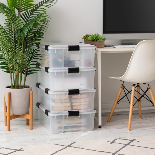 IRIS USA WeatherPro 41 Qt Storage Bins - BPA-Free Plastic with Tight Seal, Stackable & Nestable | Clear/Black, 4 Pack