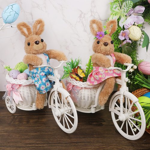 Juegoal Easter Tabletop Decorations - Set of 2 Cute Bunny Couple Figurines | 10" Rabbits on Bike