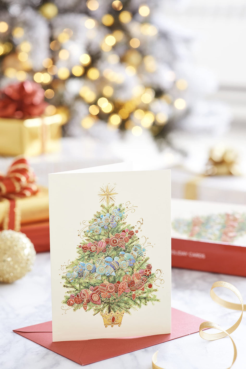 Papyrus Boxed Christmas Cards with Envelopes, Peace and Happiness, Glitter-Free Christmas Tree (12-Count)