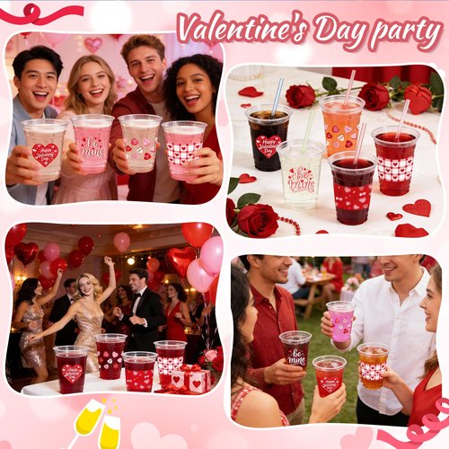 50Pcs Valentine's Day Party Decoration Cups, 12oz Pink Red Valentine's Day Heart Disposable Clear Plastic Cup for Valentines Day Birthday Wedding Drinkware Beverage Drinks Party Decor Supplies