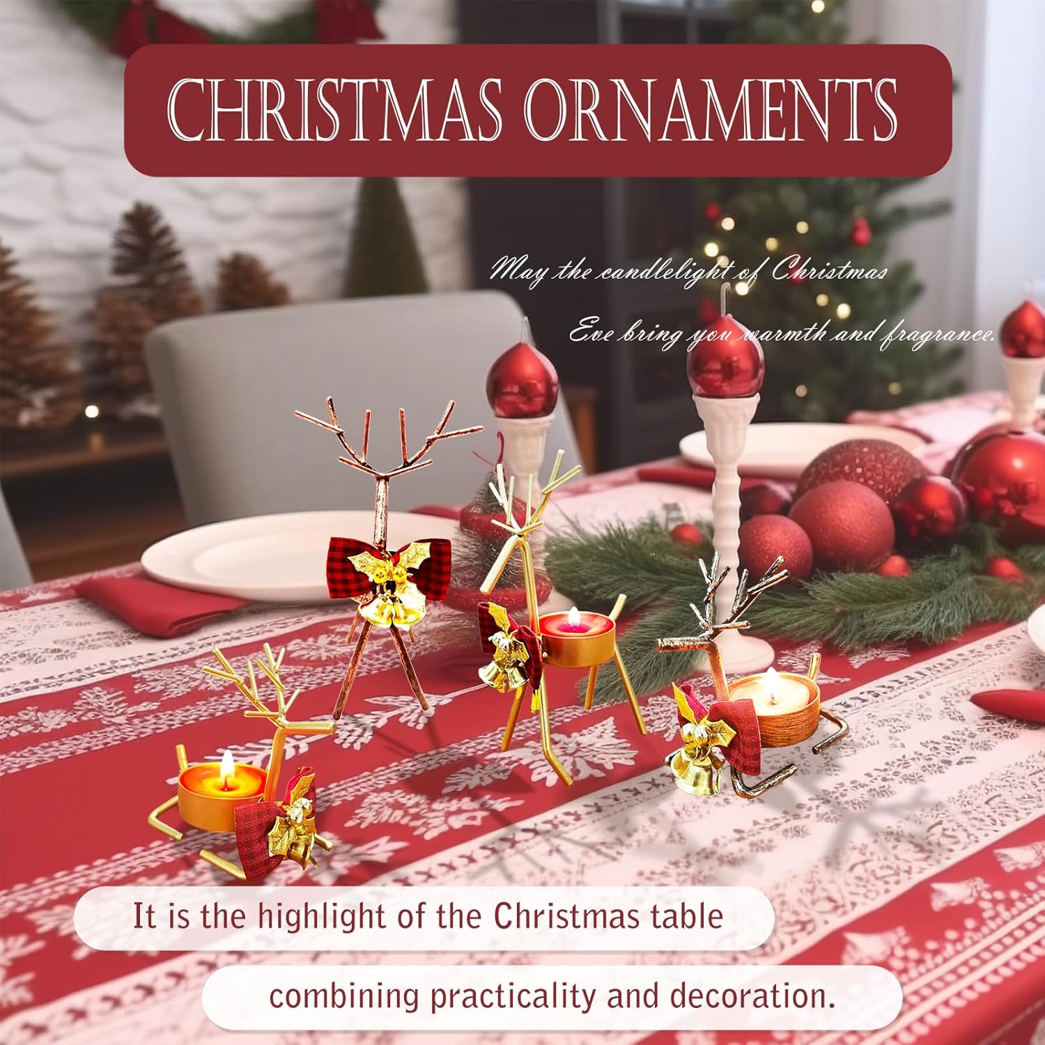 Skiennix Christmas Candle Holders - 4-Piece Reindeer Tealight Set for Holiday Table Decor | Stainless Steel