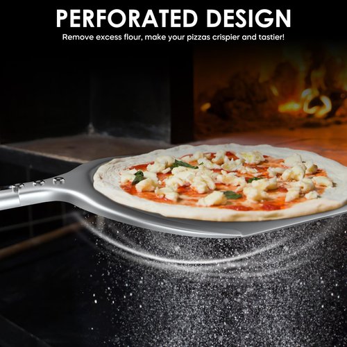 Pizza Peel – 12'' Aluminum Perforated Launch Placement Retrieving Peel – Metal Hanging Hook – Lightweight Turning Peel – Non-stick Pizza Paddle – Outdoor Pizza Oven Accessories