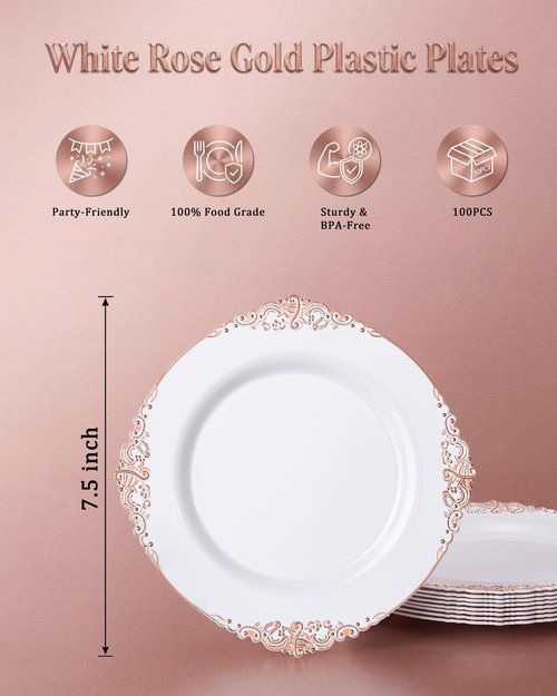 Morejoy 100pcs Plastic Plates - Disposable - 7.5 inch White and Rose Gold Dessert Plates for Weddings & Parties & Shower