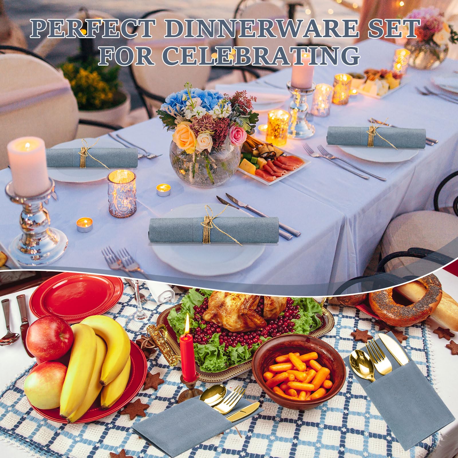 Tioncy 25 Pack Gold Plastic Silverware Set with Napkins, Linen Touch Napkins and Plastic Cutlery Set Gold Disposable Dinnerware with Forks Spoons Knives(Champagne)