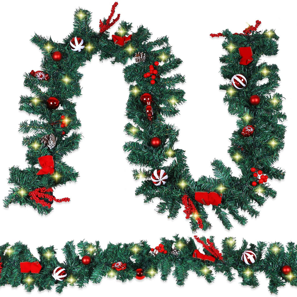 MorTime 2 Pack 9 FT LED Christmas Garland with Pinecones Red Berries Bows Christmas Balls Candies, Multi-Function Christmas Garland with 50 Warm White LED Lights, 180 Branch Tips