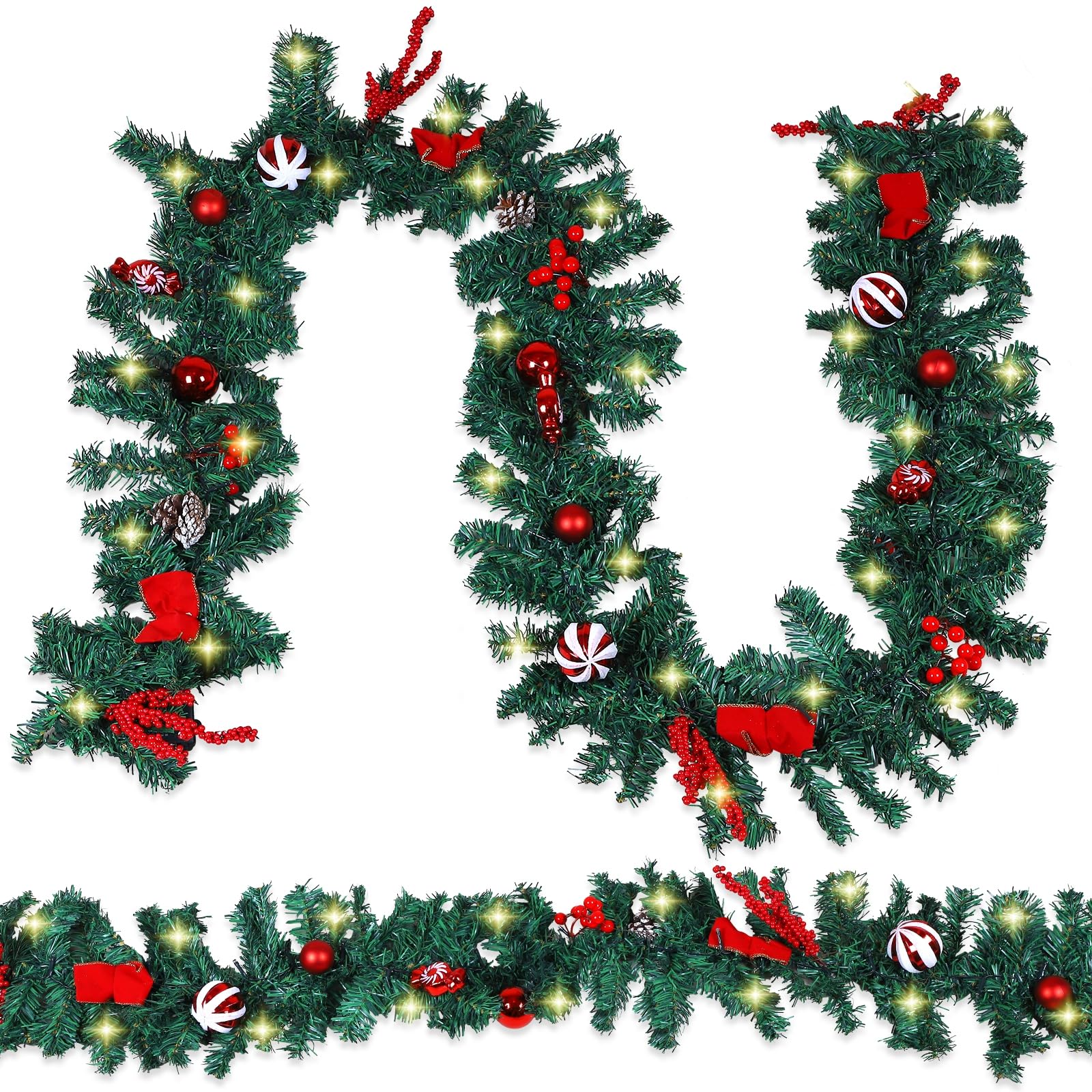 MorTime 2 Pack 9 FT LED Christmas Garland with Pinecones Red Berries Bows Christmas Balls Candies, Multi-Function Christmas Garland with 50 Warm White LED Lights, 180 Branch Tips