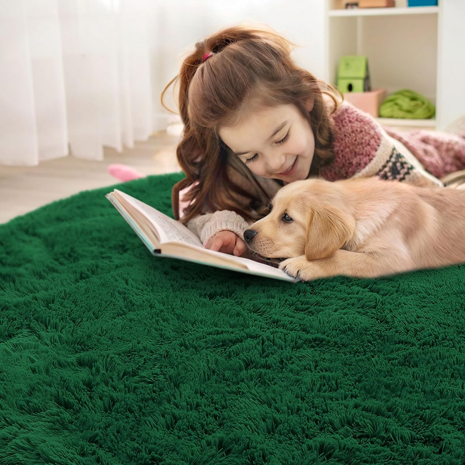 OLANLY Dark Green Round Rug - Soft, Fluffy Shaggy Carpet | 5 ft Machine Washable Area Rug for Bedroom, Living Room, Nursery Decor