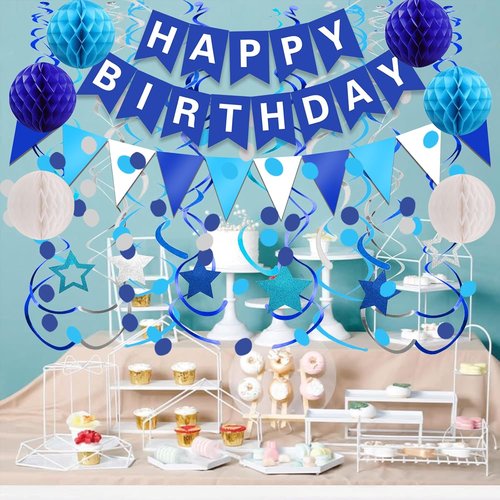 FECEDY Happy Birthday Banner - Navy Blue Paper Flag Garland with Confetti & Honeycomb Balls