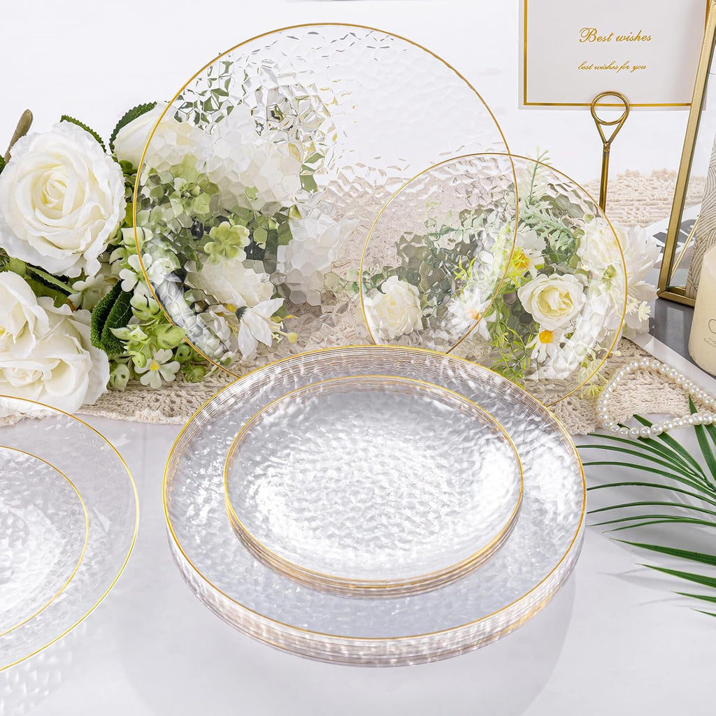 Rubtlamp Clear Plastic Plates - 60 Pcs Heavy-Duty Disposable Plates with Gold Rim | 30 Dinner & 30 Dessert Plates for Weddings & Parties
