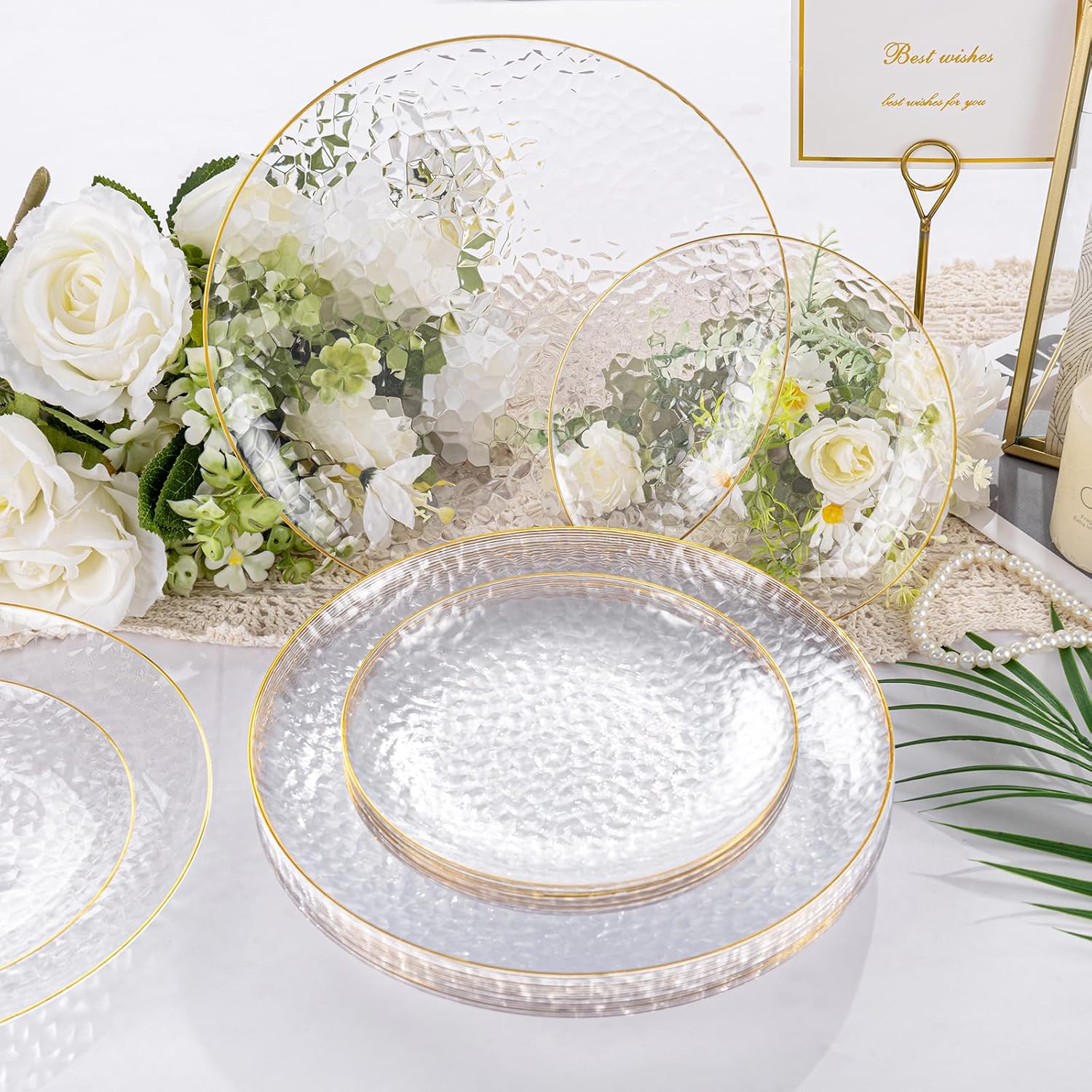 Rubtlamp Clear Plastic Plates - 60 Pcs Heavy-Duty Disposable Plates with Gold Rim | 30 Dinner & 30 Dessert Plates for Weddings & Parties