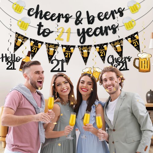 Black Gold 21st Birthday Decorations for Him Men, Glitter Pre-Strung Cheers to 21 Years Banner Hello 21 Hanging Swirls Paper Triangle Flag Banner Decorations Bday Party Supplies Kit