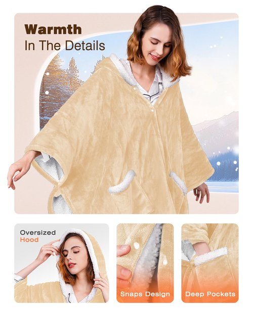 Yokimisu Wearable Heated Blanket - Cozy Gift for Women, Mom, Men| Reversible Flannel & Sherpa Electric Wrap with Pockets & Hood, 6 Heat Levels, 1-4H Timer, ETL Safe, Machine Wash, 50"x70" Beige