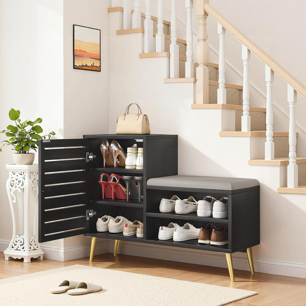 VECELO Shoe Storage Bench with Door&Shelf, Entryway Bench with Seat Cushion, for Hallway, Bedroom, Living Room, L-Shaped, Black