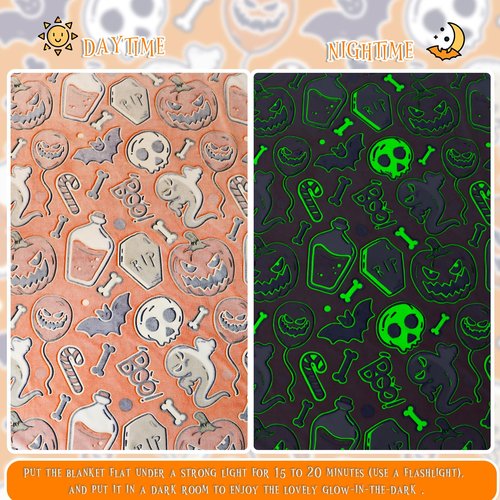 Halloween Blanket Gifts for Kids Adults - Glow in The Dark Halloween Throw Blanket with Spooky Pumpkin Bat Ghost Spider Print, Soft Cozy Orange Fall Fleece Throws for Couch Bed Home Decor 50"x60"