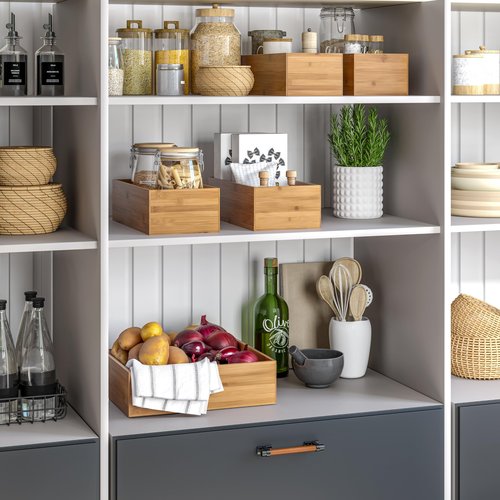 Seville Classics Bamboo Wood Storage Bins Organizer Boxes for Kitchen Counter, Pantry, Closet, Office Bedroom, Makeup, Bathroom, Nursery, K Cup, 5 Piece 3-Size (1 XL, 2L, 2M) Shelf Bin Set, Bamboo