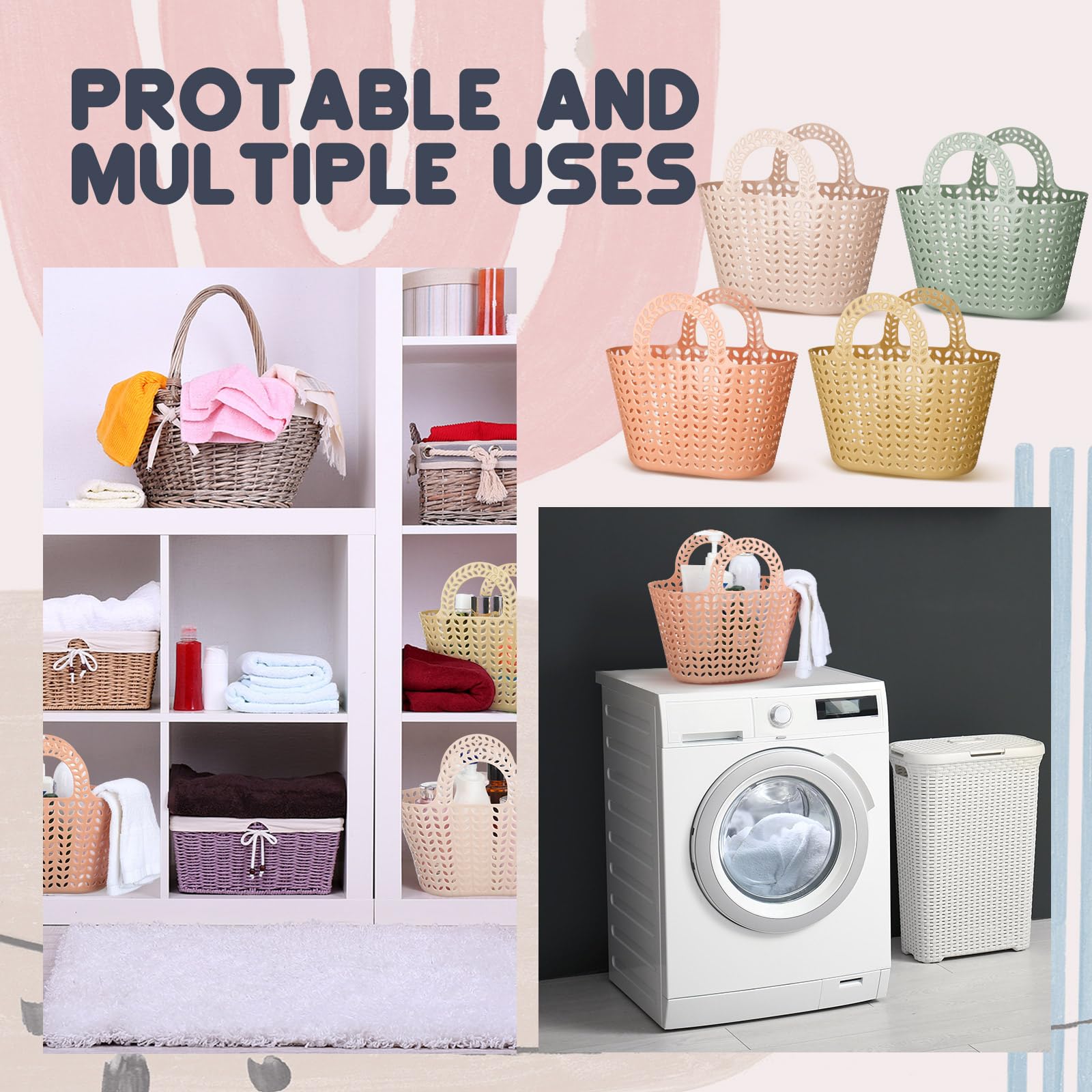 Nuogo 10 Pack Plastic Basket with Handles Multicolor Oval Carry Totes Potable Multipurpose Reusable Toiletry Storage Organizer Basket for Home Bathroom Dorm Communal Showers School