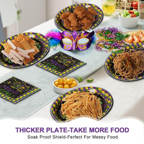Dereinwo 50 Pcs Mardi Gras Party Large 12" x 10" Oval Paper Plates and Napkins Disposable Heavy Duty Paper Plates and Napkins for Mardi Gras Party Supplies