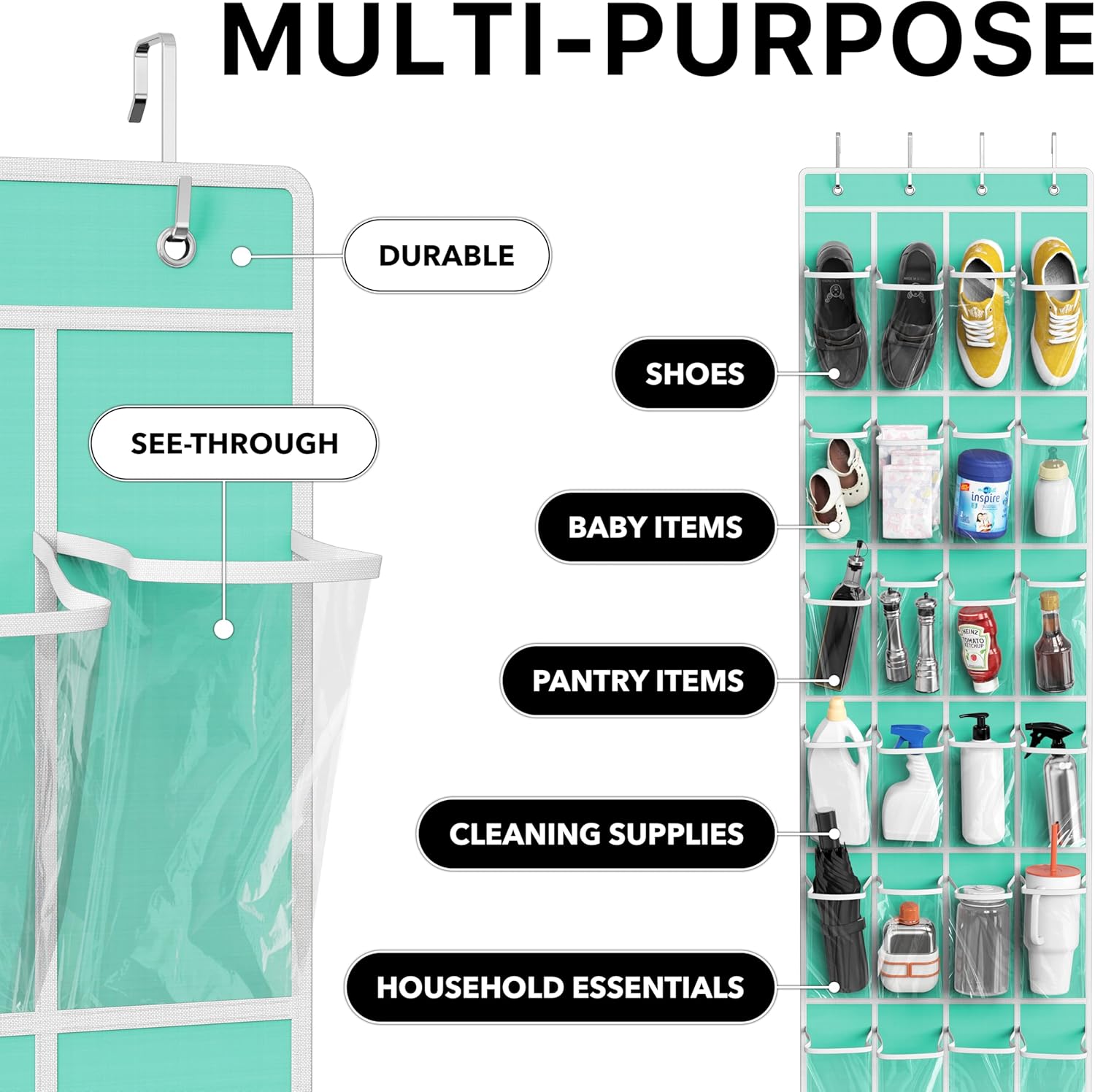 Simple Houseware 24-Pocket Over The Door Shoe Organizer - Crystal Clear, Turquoise (64'' x 19'')