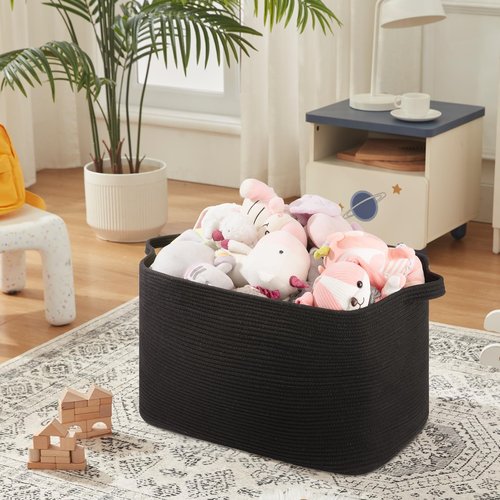OIASKET 108L Extra Large Blanket Basket, 24.8" x 16.2" x 16.2" Rectangle Woven Storage Baskets for Living Room, Nursery, Bedroom, Toy Basket with Handle (Black)