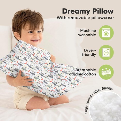 My Little Dreamy Toddler Pillow - Organic Cotton Travel Bed Pillow with Case | Soft & Breathable, 13x18, Dino Patrol for Ages 2-5