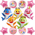 PartyWoo Baby Shark Family Foil Balloons - 13pcs Pink Round & Star Mylar Helium Balloons for Kids' Birthday Party Decorations