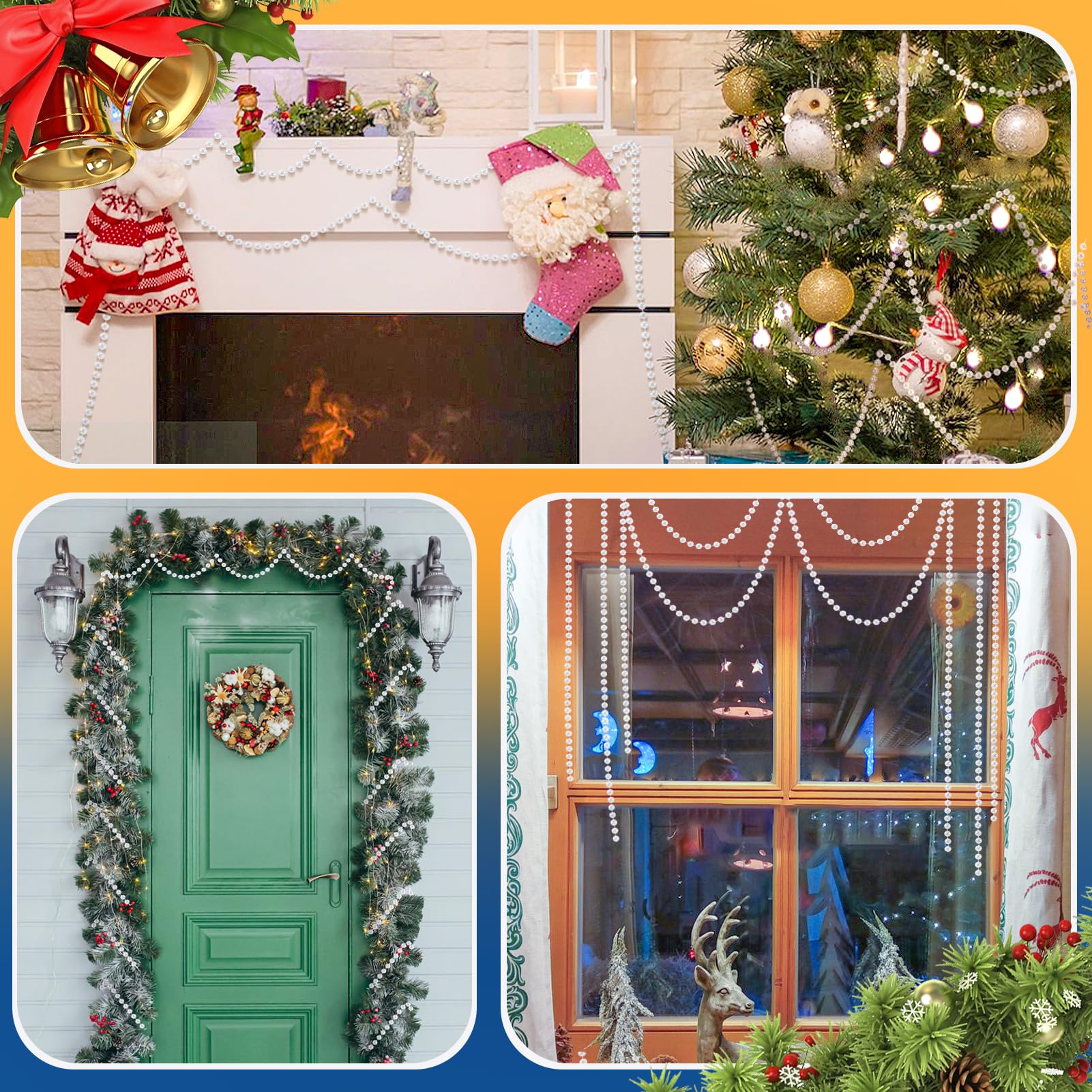 0.4" Christmas Tree Garland Beads, 50ft White Artificial Pearls Beaded Garland for Xmas Tree, Christmas Decorations for Indoor Outdoor Home Party