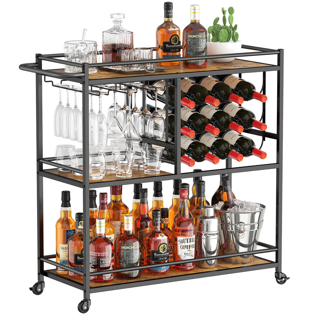 Lifewit Bar Cart for The Home, 3 Tier Drink Cart with Lockable Wheels, 12 Wine Rack and 3 Rows Glass Holders, Liquor Serving Cart for Livingroom, 80 x 33.2 x 86 cm/31.6 x 13.1 x 33.9 inch Rustic Brown