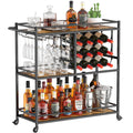 Lifewit Bar Cart for The Home, 3 Tier Drink Cart with Lockable Wheels, 12 Wine Rack and 3 Rows Glass Holders, Liquor Serving Cart for Livingroom, 80 x 33.2 x 86 cm/31.6 x 13.1 x 33.9 inch Rustic Brown