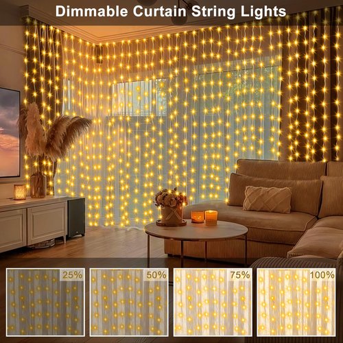echosari 300 LED Curtain Lights, 9.8Ft x 9.8Ft USB Plug in Christmas Fairy Curtain Lights with Remote, Hanging String Light for Bedroom Backdrop Window Wall Wedding Decor, Warm White