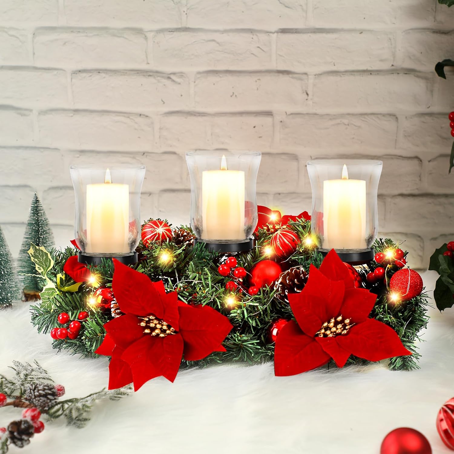 Sliner Christmas Candle Holder - Elegant Poinsettia Glass Centerpiece for Holiday Table Decor