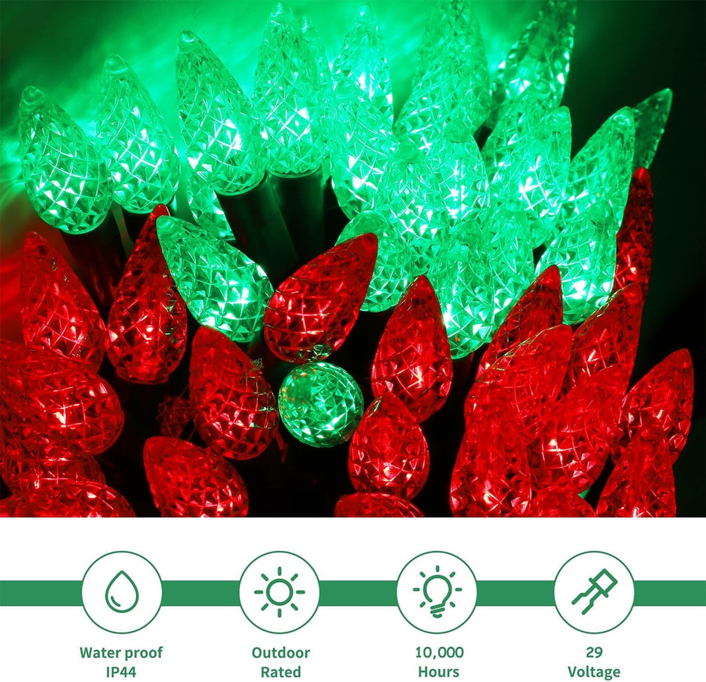WATERGLIDE C6 100 LED Christmas String Lights - 33ft Waterproof Fairy Lights for Indoor/Outdoor Decor | Red & Green