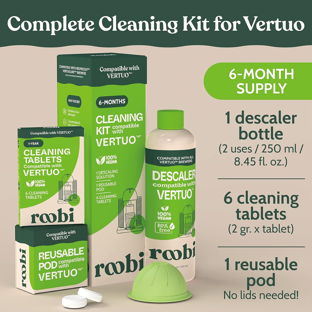 Roobi Nespresso Compatible Vertuo Cleaning & Descaling Kit - 6 Month Supply | Eco-Friendly Maintenance Essentials