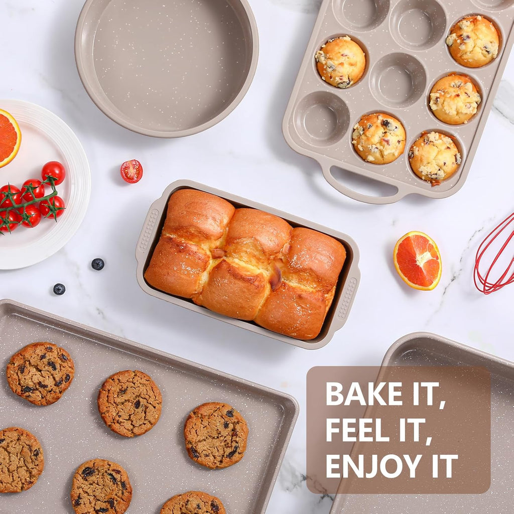 Vinino Nonstick 6-Piece Baking Pans Set - Silicone Muffin, Loaf & Cake Pans with Metal Reinforcement | Carbon Steel Roasting Pan & Cookie Sheet