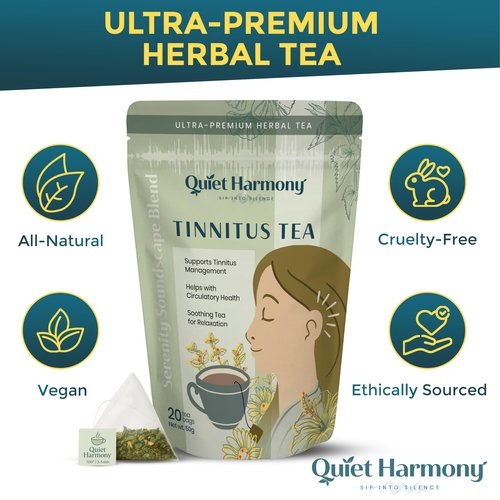 Quiet Harmony Tinnitus Tea – Herbal Support for Ringing Ears, Circulation & Calm | Ultra-Premium Caffeine-Free Tea with Ginkgo, Rooibos & Lemon Balm | 20 Pyramid Bags