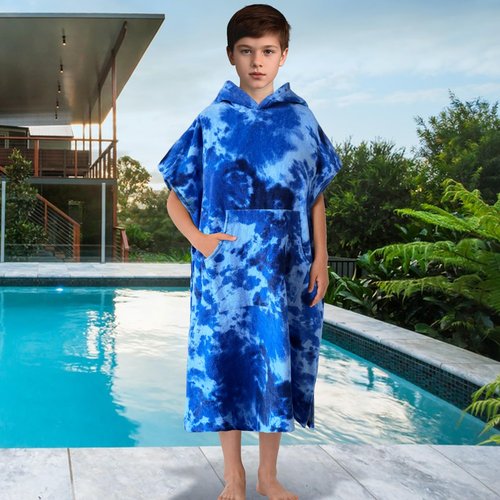 VOOVA & MOVAS Hooded Towels for Teens (8-14 Years,36"X26") | 100% Cotton Poncho Towel for Big Kids & Boys | Large Absorbent Towel Robe for Pool, Bath, Swim | Blue Tie Dye Design