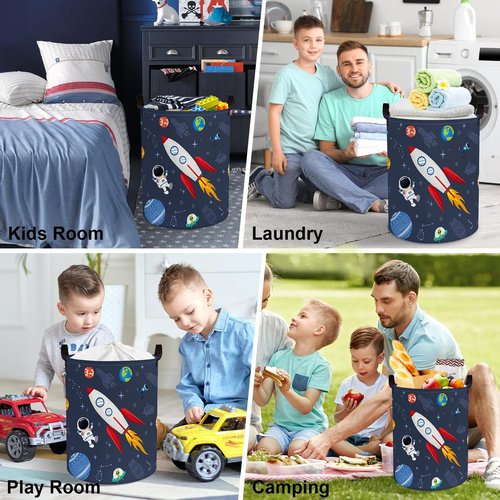 Clastyle 63L Cosmic Astronaut Rocket Laundry Hamper for Boy Large Large Collapsible Dirty Clothes Kid Laundry Basket Dark Blue Toys Storage Basket with Lid, 15.7x19.7 in