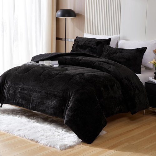 YIYEA Faux Fur Queen Size Comforter Set, Luxury Ultra Soft Fluffy Comforter, Plush Fuzzy Bedding Comforter Sets for Fall Winter, Cozy Warmth, No Shedding, 3PC, Queen, Black