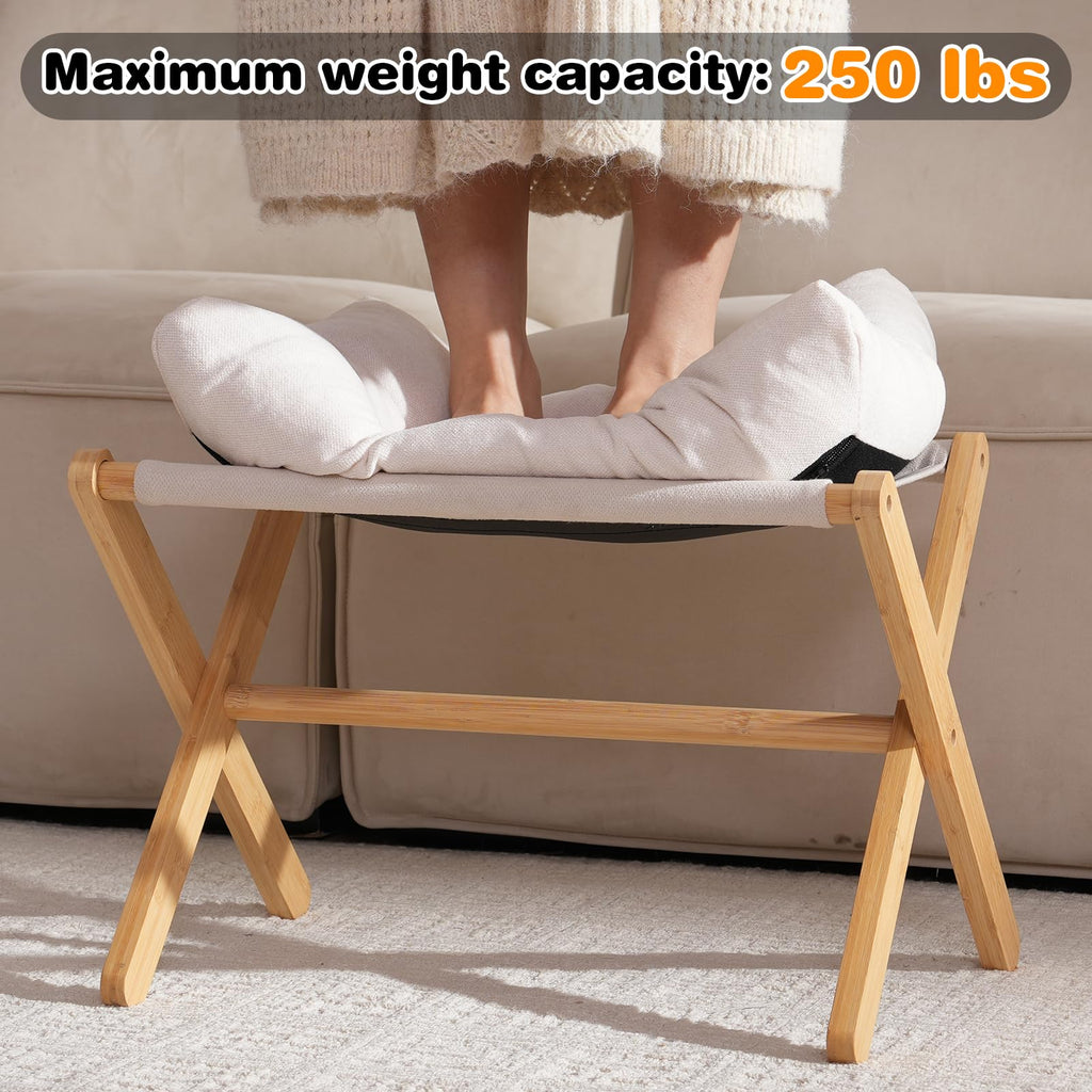 Baveke Ottoman Foot Rest- Bamboo Foldable Stool, Foot Stools Small Ottman with Upholstered & X Legs, Folding Stool for Makeup, Bedroom and Living Room (Large Beige)