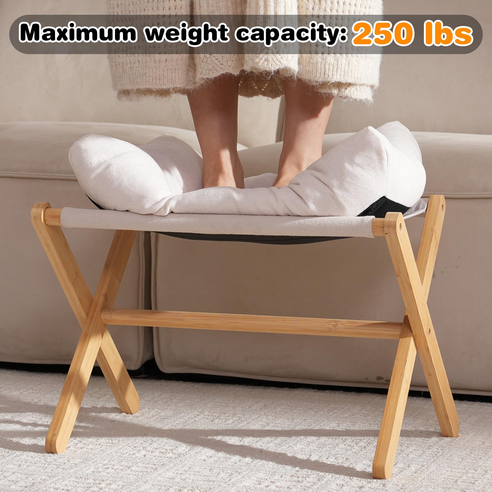 Baveke Ottoman Foot Rest- Bamboo Foldable Stool, Foot Stools Small Ottman with Upholstered & X Legs, Folding Stool for Makeup, Bedroom and Living Room (Large Beige)