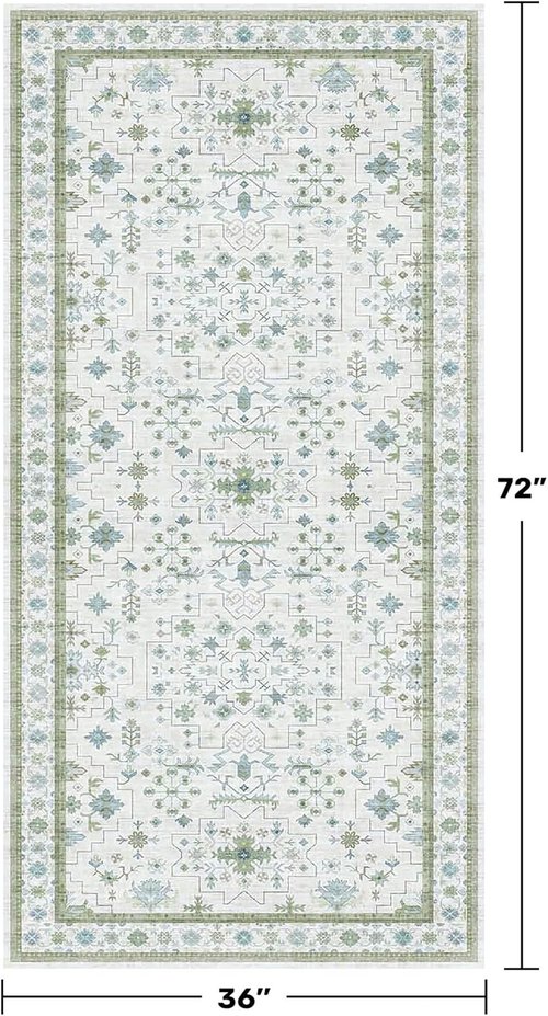 Hazo Haus Washable Rugs - Vintage Boho Floral Design in Blue & Green | 3x6 Low Pile Non-Slip Accent Rug