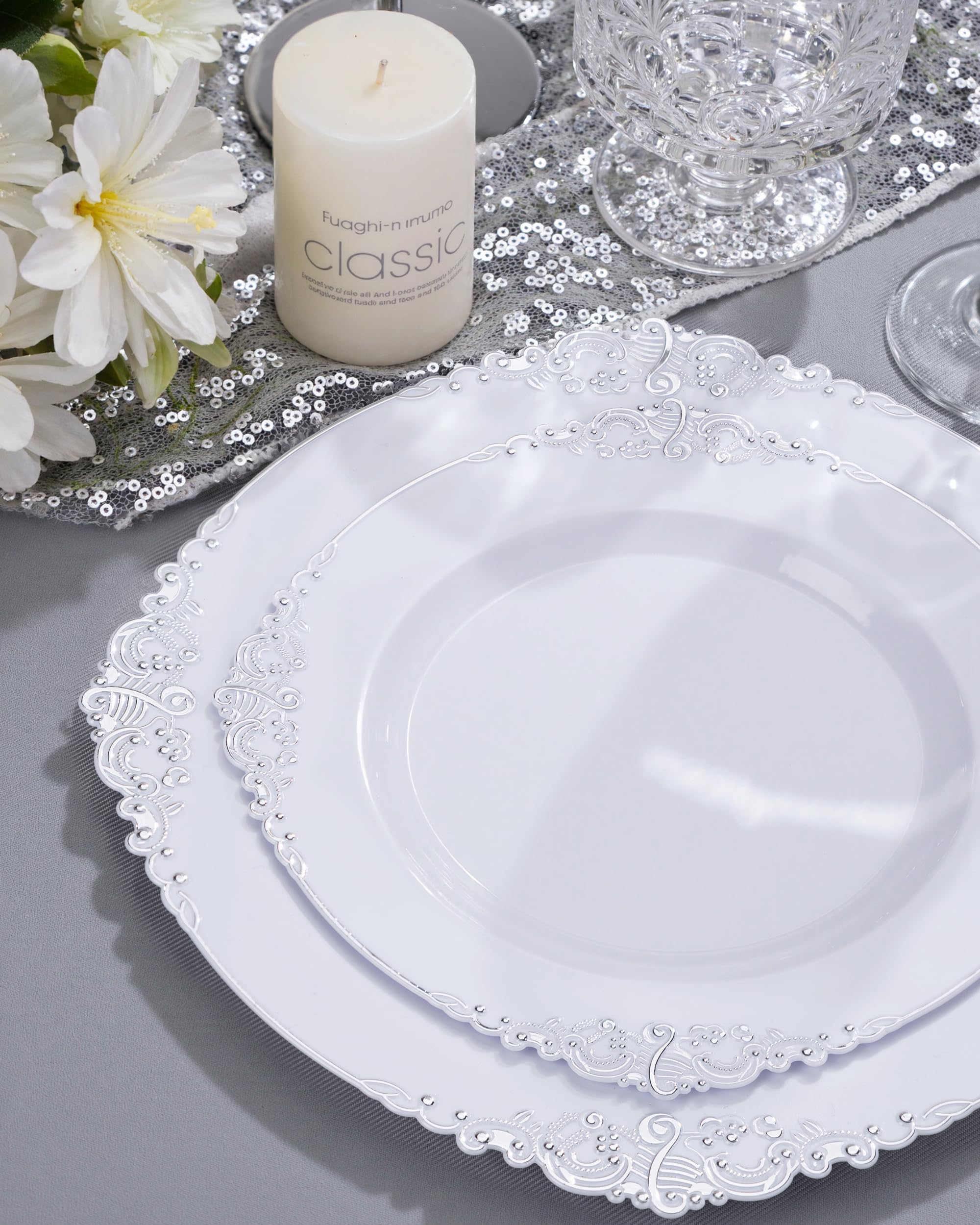 Nervure 350PCS Silver Plastic Dinnerware - White and Silver Disposable Plates for 50 Guests - 100 Disposable Plates, 150 Plastic Silverware, 50 Cups, 50 Napkins for Wedding & Party