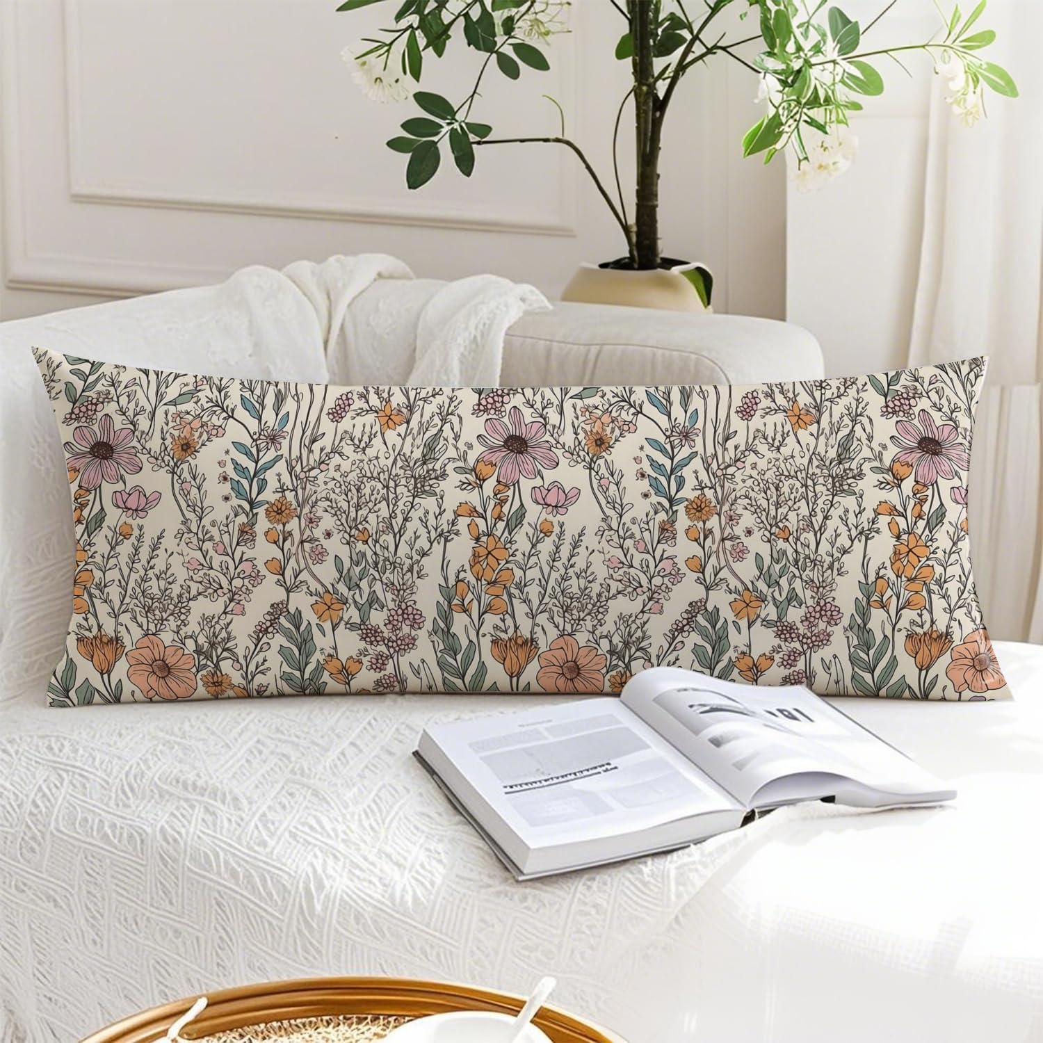 PIUD Vintage Boho Floral 20x54 Body Pillow Cover, Cottagecore Room Decor, Retro Rustic Cottagecore Flowers Aesthetic Decorative Long Body Pillow Cases for Bed Couch
