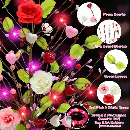 2 Pack & Timer - Valentines Day Decorations, 18 Inch Lighted Valentines Day Tree Tabletop with 20 Red Pink Lights Battery Operated Hearts Rose Berries Artificial Tree Valentines Decor Home Table Party
