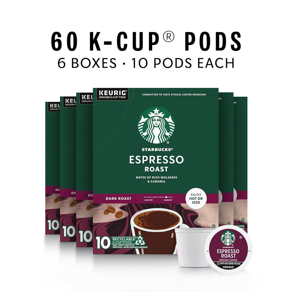 Starbucks K-Cup Coffee Pods - Dark Roast Espresso Blend | 100% Arabica, 60 Pods (6 Boxes)